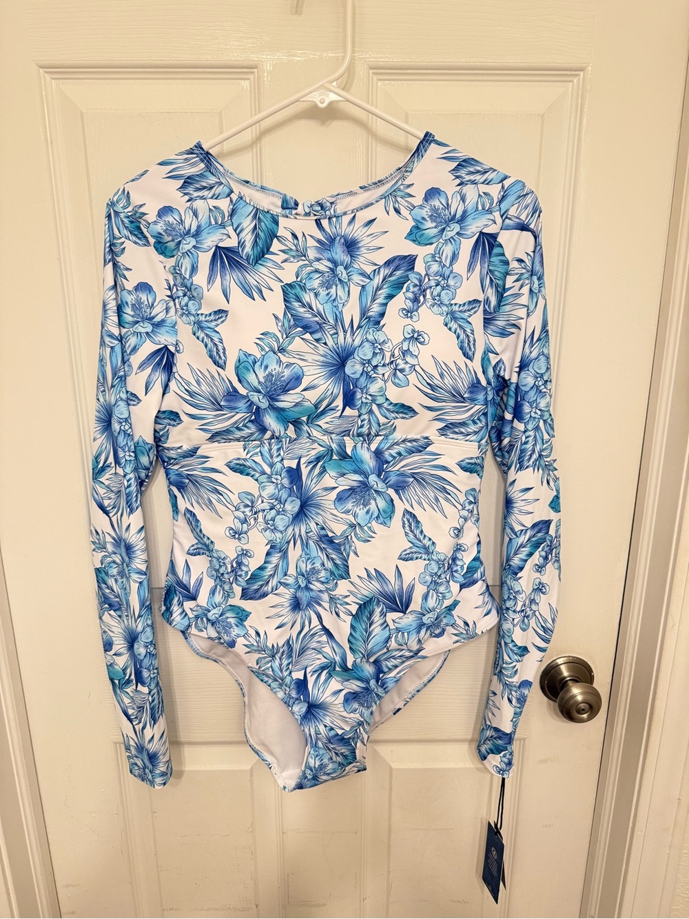 Caribbean Joe One Piece Long Sleeve Swimsuit Womens Sz XL Blue Floral Rash Guard